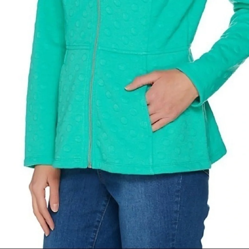 Isaac Mizrahi Live Teal Polka Dot Jacquard Zip Up